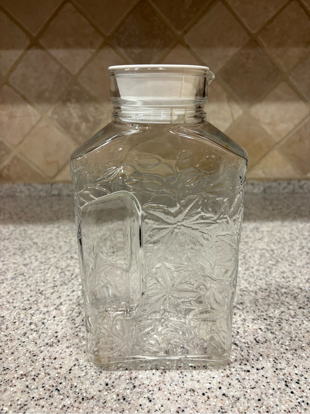Princess House Clear Glass Floral Embossed Storage Jar with White Lid